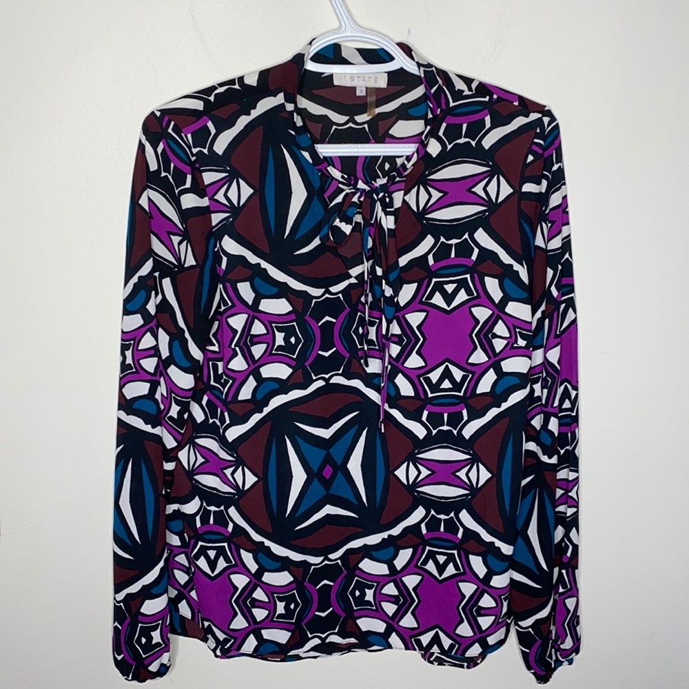 1 State abstract geometric print colorful blouse with neck tie size S
